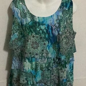 dressbarn Teal and Blue Printed Ruffle Tank Top size 1X
